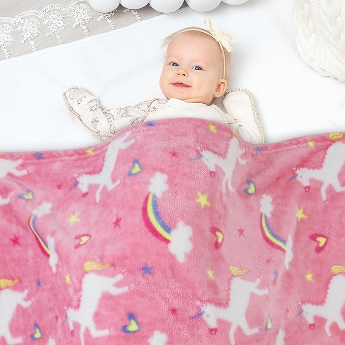 Viviland Kids Unicorn Print Blanket, Warm Lightweight Plush Pink Unicorn Fleece Throw for Sofa, Couch, Bed - 30" x 40"