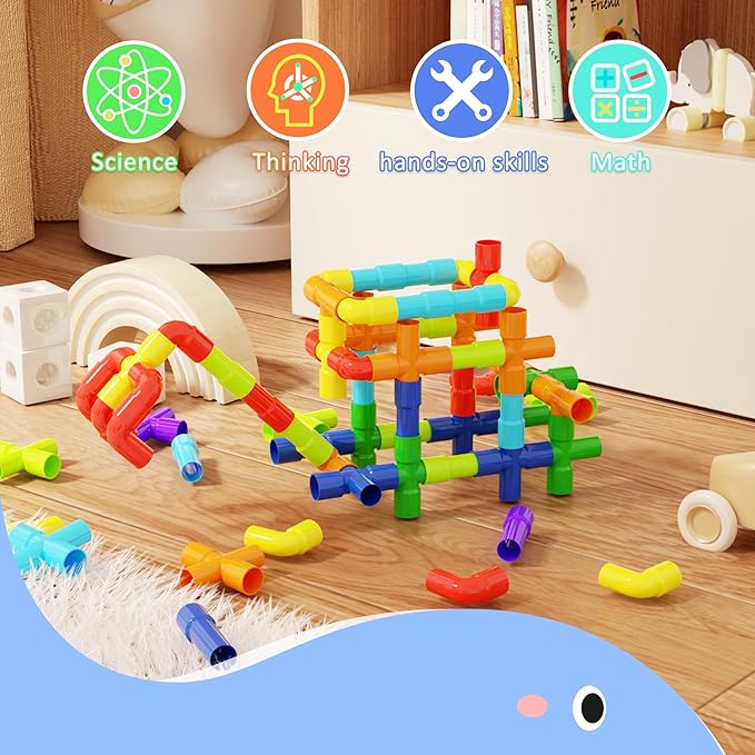 Ggiibro STEM Building Toy for Toddlers 200Pieces Tube Pipe Toy,Educational Preschool Game for 3+ Years,Learning Building Blocks Play with Storage Box Gift Kit,Montessori Toys for Boys & Girls