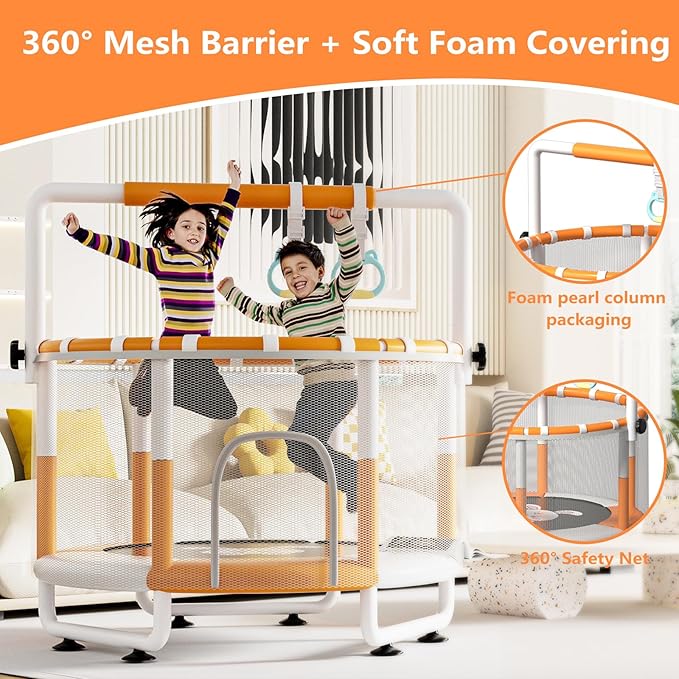 55" Kids Indoor Trampoline with Safety Net, Adjustable Gymnastics Bar & Toys – Indoor/Outdoor Toddler Play Gym for Boys & Girls Ages 3+, Birthday Gifts (White (Powder-Coated))