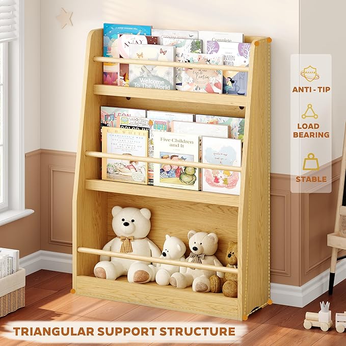 Kids Bookshelf, 3-Tier Montessori Book Shelf Organizer for Books and Toys, Toddler Bookshelf for Bedroom, Living Room, Playroom, Classroom, Nursery - Natural