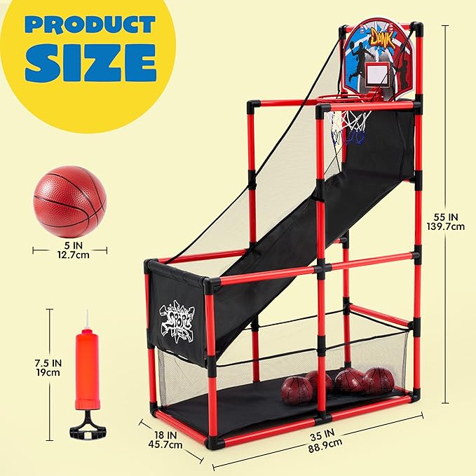 JOYIN Red Arcade Basketball Game Set, Indoor Basketball Hoop for Kids 3 to 12 Years Old, Easy Set Up Sports Toy with 4 Balls, Gifts for Boys and Girls