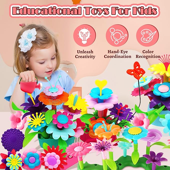 FUNZBO 138pcs Flower Garden Building Set - Christmas Spring Toys for 3 4 5 6 7 Years Old Girl, Sorting & Stacking Building Block, STEM Montessori Educational Toy for Kid Toddler Birthday Gift