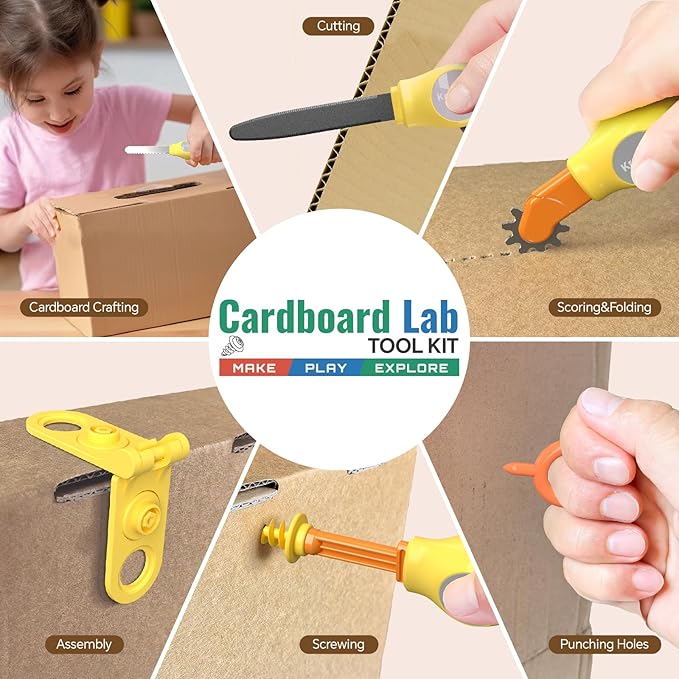 Cardboard Construction Tool Kit for Kids – 132 PCS DIY Cutting Tools & Educational Toys for Family & Team Projects – Creative STEM Building Kit for Boys & Girls Ages 5+