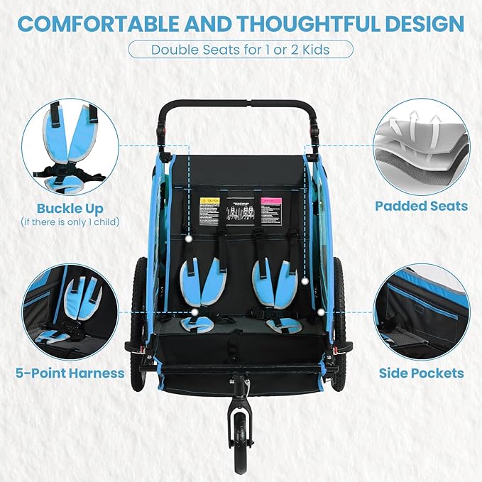 Sepnine Kids Bike Trailer, 2 in1 Canopy Carrier Converts to Pushcart Suitable for 1 to 2 Toddlers, Kids, Quick Attach to Bike, Foldable, with 5-Point Harness and Storage Bags