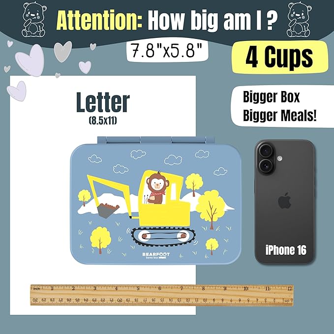 BEARFOOT Kids Lunch Box with Compartments – Compact & Lightweight | Leak-Proof, BPA-Free, Dishwasher & Microwave Safe | Hand-Drawn Design for Preschool, School, Travel (Excavator Monkey Blue, 4 Cups)