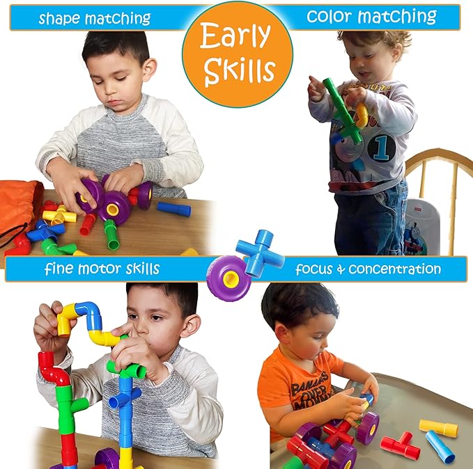 Skoolzy STEM Learning Pipe Tube 29 Piece Toys_and_Games Set, Educational Construction Building Blocks for ADHD & Autism for Baby, Kid Includes Wheels Pipes Joints and eBook
