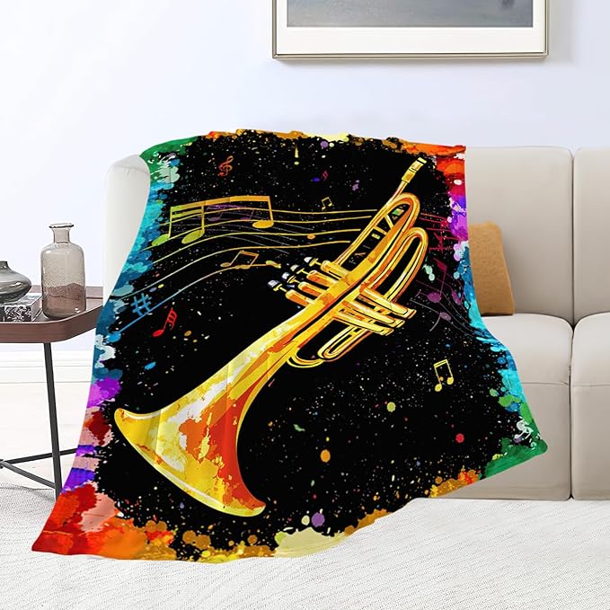 Music Trumpet Blanket Colorful Trumpet Musical Instrument Throw Blankets Gifts for Girls Boys Kids Music Lover Soft Cozy Fleece Plush for Couch Sofa Bed 50"x40"