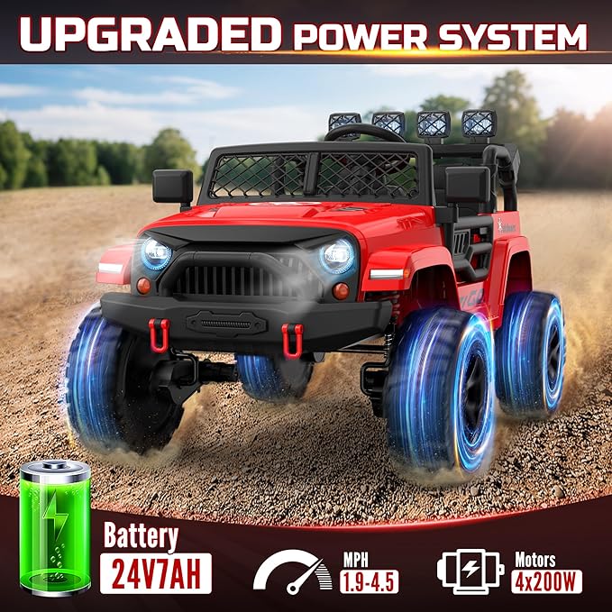 2 Seater Ride On Car for Kids, EVA Tires, 24V 4WD Electric Car w/Remote Control, Bluetooth, LED Lights, Ride On Truck for Boys and Girls Aged 3-8, Red