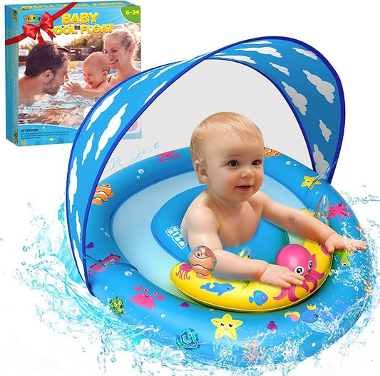 ZIZZ Baby Pool Float with Canopy - 2025 New Inflatable Baby Swim Float with UPF50+Sun Protection, Baby Infant Pool Float with Toy Play Console Adjustable Seat for Toddler Kids Aged 6-36 Months