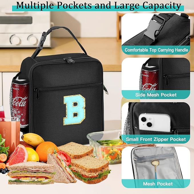 Initial Insulated Lunch Bag, Lunch Box with Initial Letter Patch for Teen Adult, Reusable Lunch Bag for Men Women, Ideal Back to School Gift Birthday Gift, Blue B