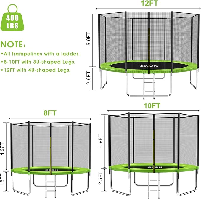 SKOK Trampoline 8FT 10FT 12FT 14FT 15FT Trampolines with Enclosure Net, 400LBS Outdoor Trampolines for Kids with Basketball Hoop-ASTM Approved Trampoline for Children and Adults with Ladder