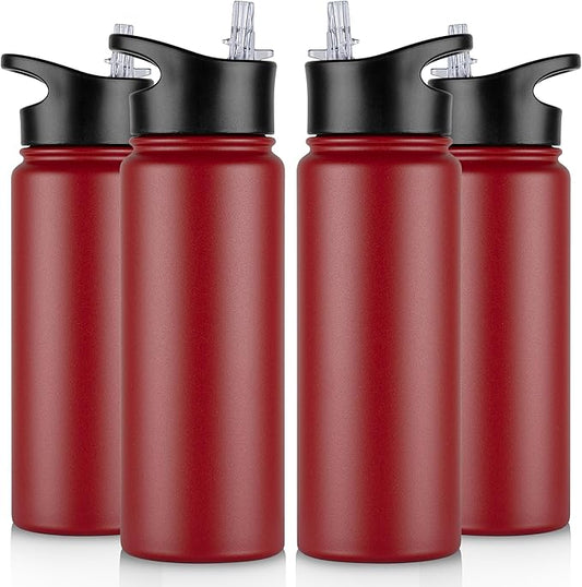 24 oz Insulated Water Bottle Bulk 4 Pack, Stainless Steel Sports Water Bottles with Straw Lid & Wide Mouth Lids, Double Walled Vacuum, Leak Proof, Red