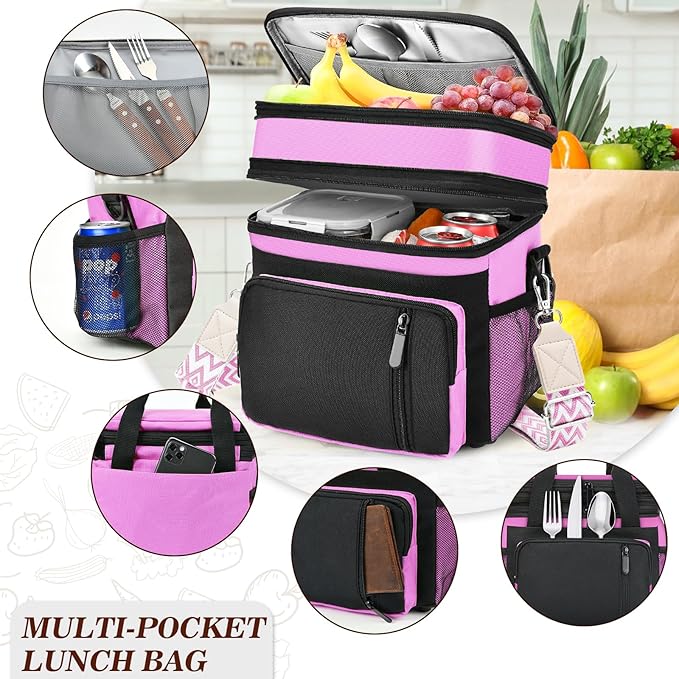 LOKASS Lunch Box & Lunch Bag for Women Men Double Deck, Large Insulated Adult Lunch Box Leakproof Lunchbox Cooler Bag for Work Picnic Beach,（Pink&Black 16L）