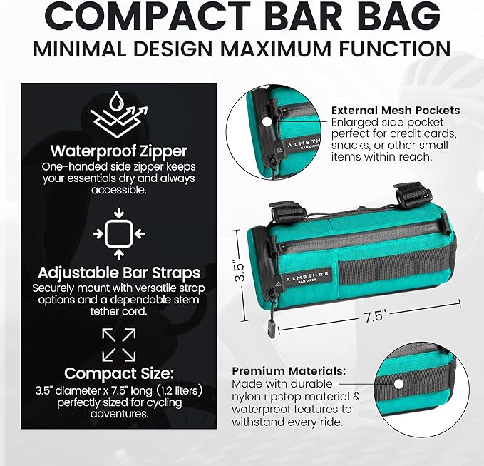 Compact Bar Bag – Sterling Aqua | Hard-Shell Bike Handlebar Bag with Waterproof Zipper & Adjustable Straps | Lightweight Bicycle Handlebar Bag, Compatible with Road, Gravel & MTB Bikes