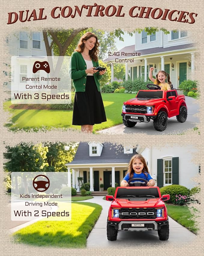 First Ride On Licensed Ford F-150 Raptor 12 Volt Kids Ride on Car, Ride on Toys for Kids with Remote Control, Electric Vehicle for Toddler with Smooth Start, Truck Bed Storage, Bluetooth (Red)