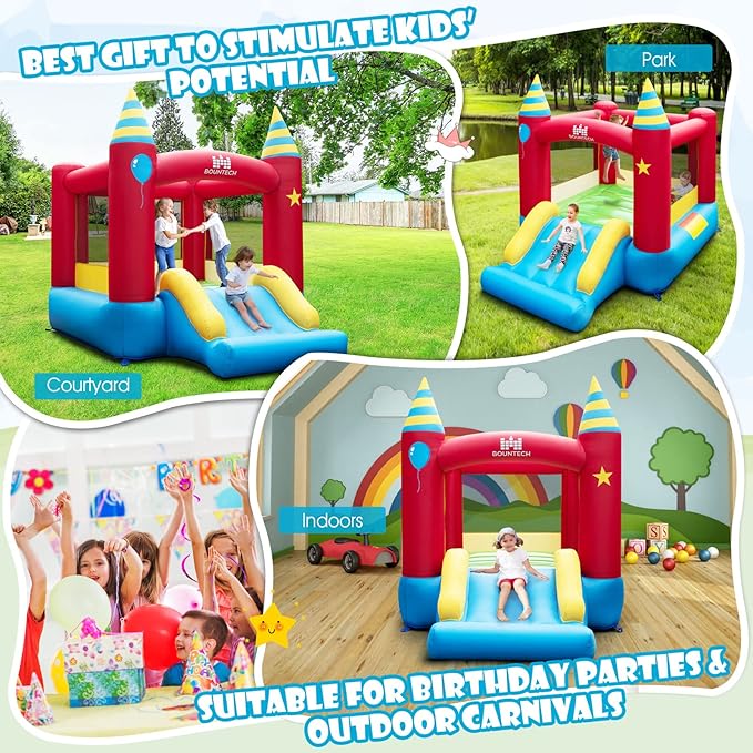 BOUNTECH Inflatable Bounce House, Bouncy House for Kids 3-10 Indoor Outdoor Family with Large Jumping Area, Slide, 480w Blower, Mini Bounce House for Toddler Boys Girls Birthday Backyard Party Gifts