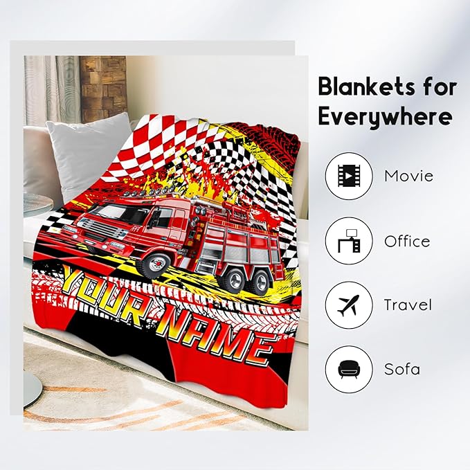 Boys Blanket, Fire Truck Blanket for Boys, Personalized Throw with Name, Custom Car Gifts for Kids, Warm Fleece Throw for Couch & Sofa, 30"x40"