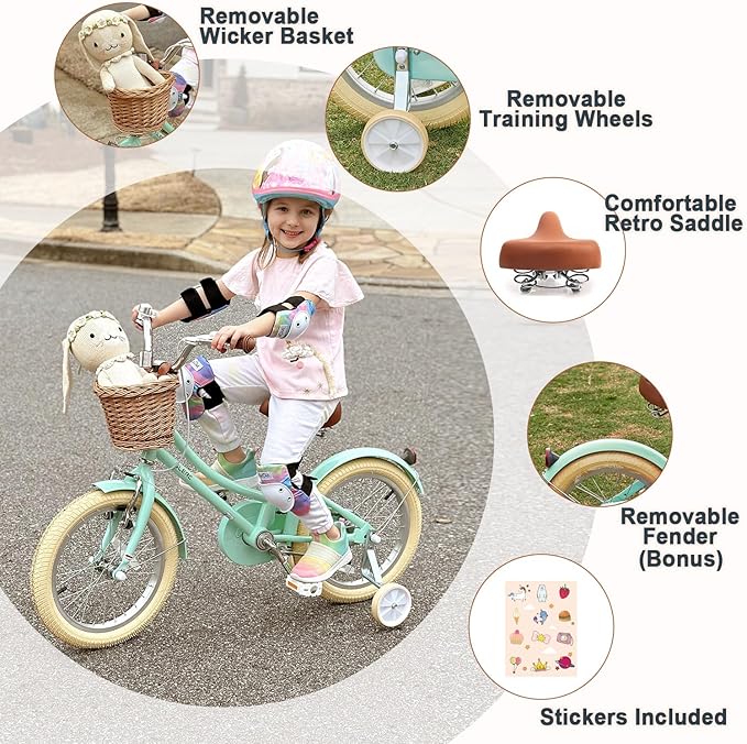 Glerc Little Molly 12-20 Inch Kids Retro Cruiser Bike for 2-13 Year Old with Wicker Basket & Training Wheels/Kickstand, Multiple Colors