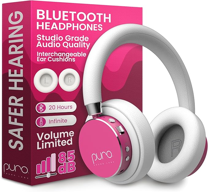 Puro Sound Labs Kids Wireless Headphones – Volume-Limiting 85dB, Built-In Mic, Studio-Grade Sound, 20-Hour Battery Life, Comfortable Fit & Easy to Connect Kids Bluetooth Headphones – BT2200 Plus, Pink