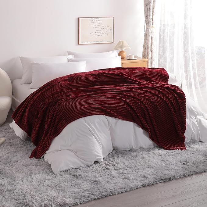 NTBAY Plush Flannel Twin Bed Blanket, 60x80 Inches Soft and Warm Lightweight Bed Blanket with Striped Texture for Couch, Sofa, All Seasons, Wine Red