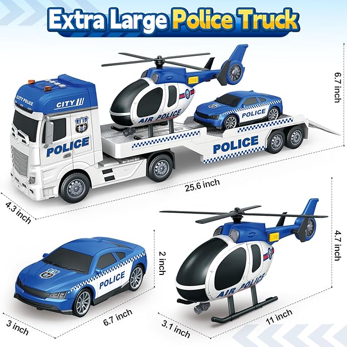 SpringFlower Toddler Boy Toys, 25" Large Police Truck Toy with Racing Car and Helicopter,3 in 1 Police Car Boy Toy, Christmas Birthday Gifts for Kids 3 4 5 6 Years Old