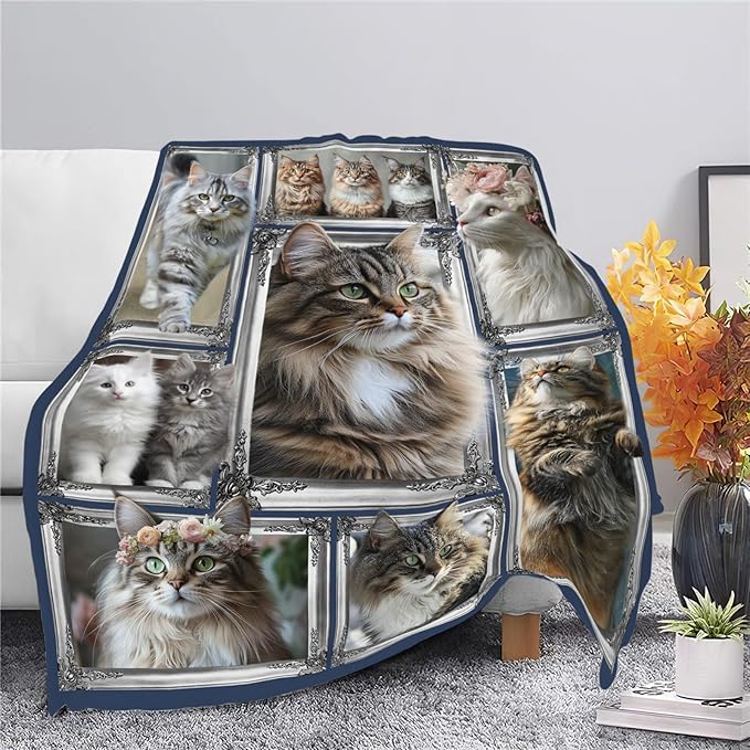 Maine Coon Cat Blanket Cute Kitten Throw Blankets Gifts for Girls Boys Kids Cat Lover Soft Cozy Fleece Plush for Couch Sofa Bed 60"x50"