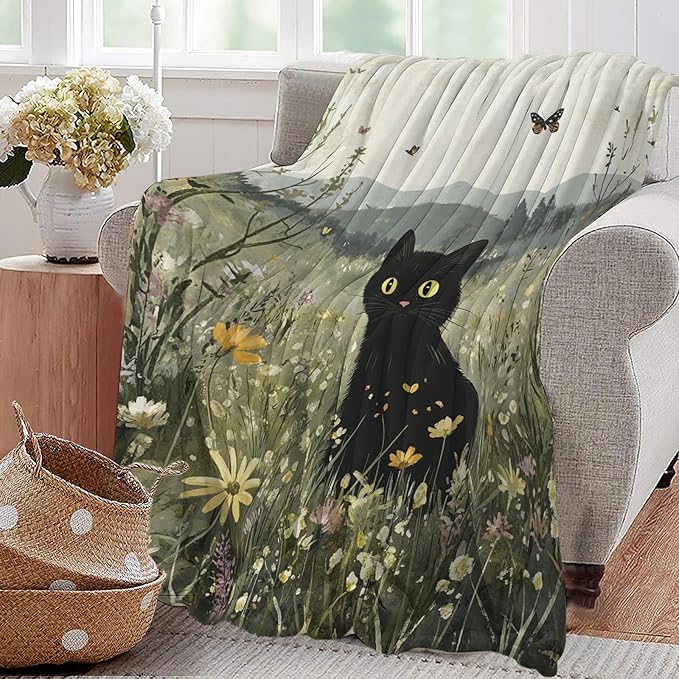 Black Cat Blanket Floral Wildflower Kitten Throw Blankets Gifts for Girls Boys Kids Cat Lover Soft Cozy Fleece Plush for Couch Sofa Bed 80"x60"