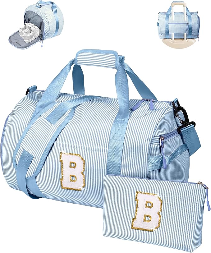 Gifts for 6 7 8 9 10 11 12 Year Old Girl,Girls Travel Duffle Bag, Kids Initial Overnight Bags with Shoe Compartment, Customized Weekender Bag with Makeup Pouch, Preppy Stuff (Letter B)