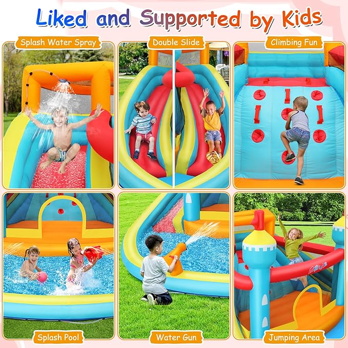 AKEYDIY Bounce House Water Slide, Inflatable Water Slide Park with with Long Slide, Pool, Climbing Wall, Water Gun for Outdoor, Blow up Water Slides Bounce House Castle for Kids Backyard Party Gifts