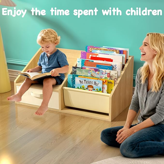FKWin Kids Bookshelf with Seat - Forward-Facing Book Shelf for Kids Rooms,Nursery Bookcase with 5-Tier Montessori Shelf,Wooden