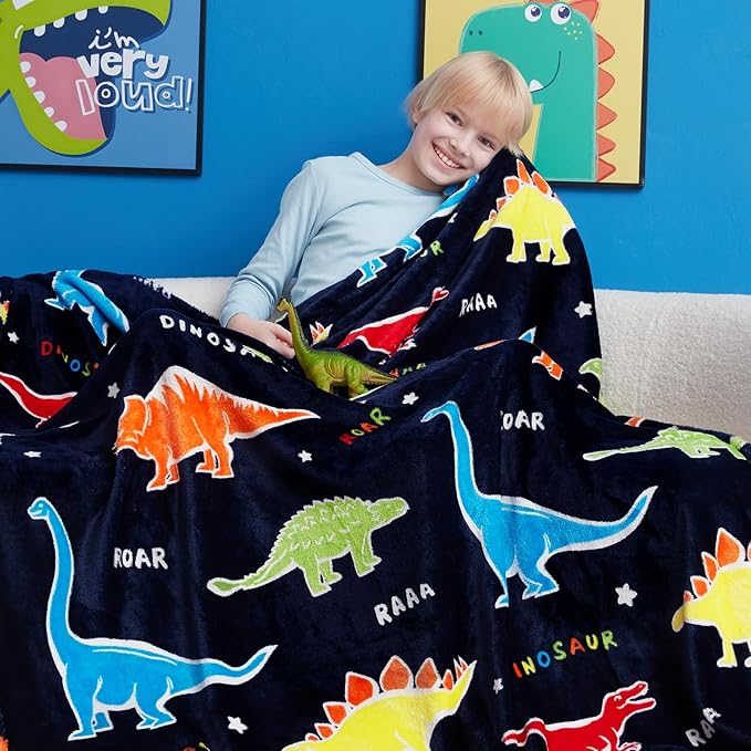 Dinosaur Gifts Toys for Boys Girls,Glow in The Dark Dinosaur Blanket, Birthday Presents Decor for Kids Age 3-14 Year Old Son Teen Child Toddler Luminous Christmas Bedroom Throw Blanket 50"x60"