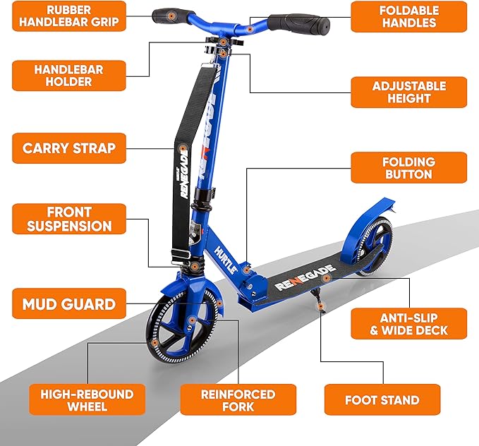 Hurtle Renegade Kick Scooter for Kids, Teenagers & Adults - 2-Wheel Folding Scooter with Adjustable T-Bar Handlebar - Alloy Anti-Slip Deck