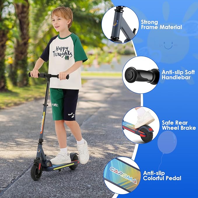 Caroma Electric Scooter for Kids Ages 6-14, 180W/150W Motor & 10 Mph, 85 Mins Ride Time, Adjustable Height & Speed, LED Display & Colorful Lights, Kids Electric Scooter, Best Gifts for Girls and Boy