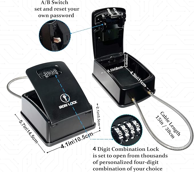 Iron Lock® XXL Portable Key Lock Box and Wall Mounted with Removable Cable Shackle Waterproof Indoor Outdoor 4 Digit Combo Resettable Code with A B Switch Extra Large Key Lockbox Outside (XXL, Black)