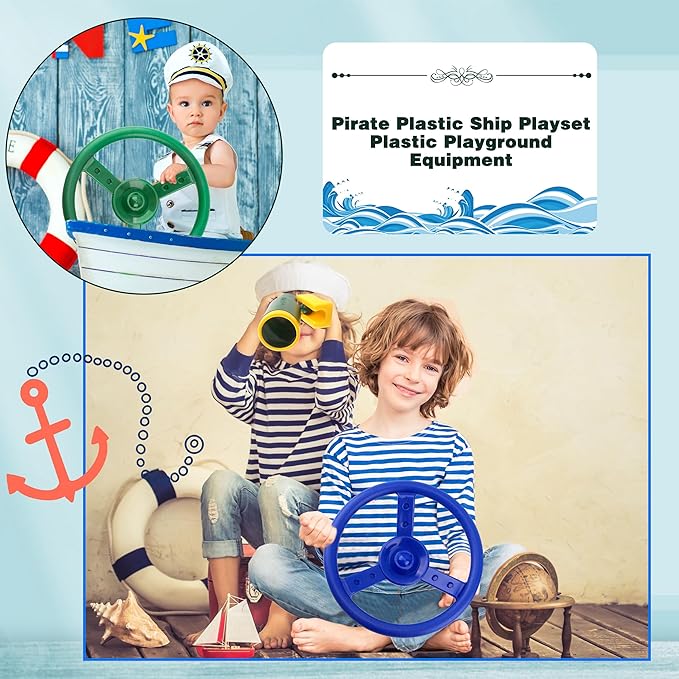 2 Pack Steering Wheel Playset Plastic Pirate Ships Wheel with Mounting Tools for Kids Playground Outdoor Gym(Green,Blue)