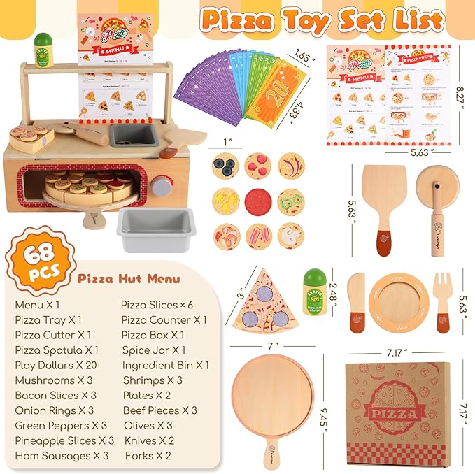Wooden Pizza Toy Set for Kids, 68PCS Montessori Pretend Play Food Toys, Wooden Pizza Counter Playset with Bake Oven & Toy Dishes, Develop Imagination, Ideal Gift for Boys & Girls Aged 3+