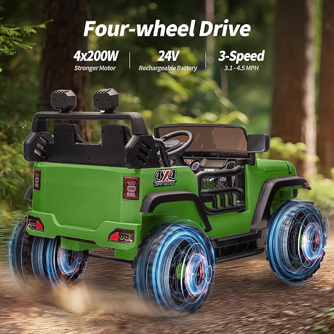 2 Seater Ride on Car Toy, 24V 4WD Electric Car for Kids 4-8 with Remote Control, 4x200W Motors, Capacity 150 lb - Army Green