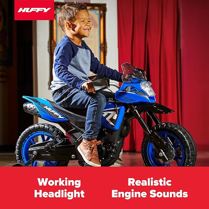 Huffy Ride On Motorcycle for Kids, Ideal for Ages 2-5 Years, 6V Rechargeable Battery, Training Wheels, Realistic Engine Sounds, Max Weight 65lbs, 2 MPH, Blue