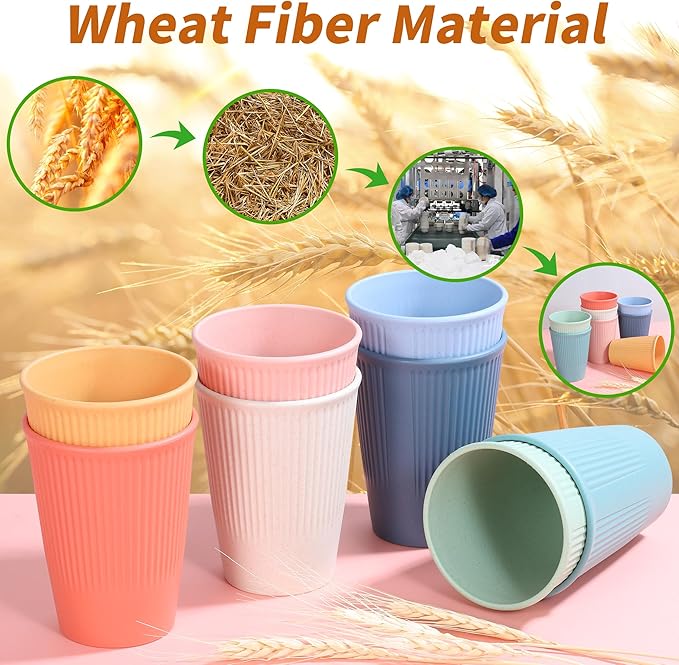 Wheat Straw Cups, Unbreakable Drinking Cup Dishwasher Safe Water Glasses with 8 Colors for Drinking Water, Juice,Milk, Soda, Coffee,Easy to Clean & Reusable (8 Pcs)