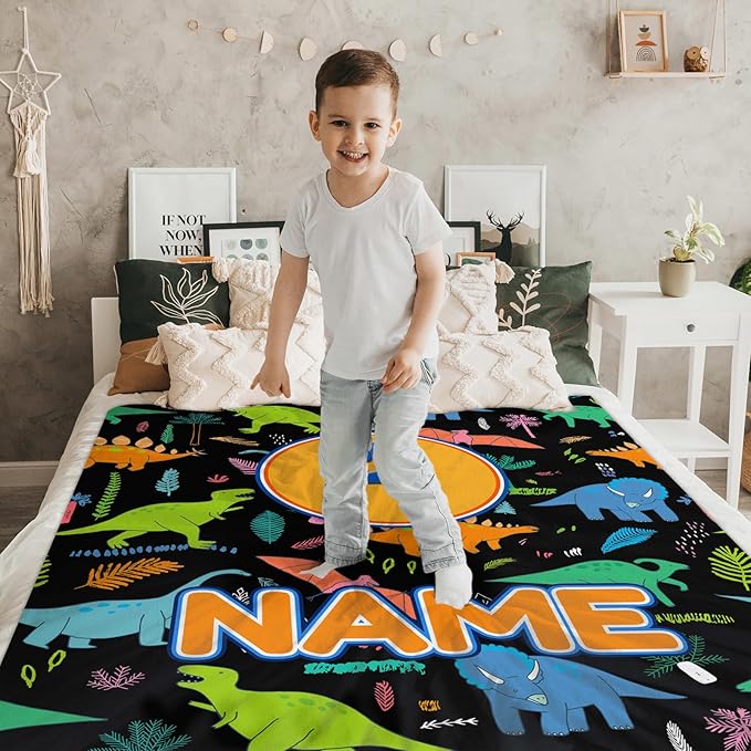 Blankets for Boys Personalized Monogram Throws Gifts, Custom Name Soft Cozy Cute Dinosaur Blanket for Kids Toddlers Teens Accessories Decor for Sofa Couch Bedroom Living Room Home