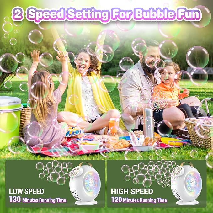 Bubble Machine, Automatic Bubble Maker Rechargeable, 15000+ Big Bubbles per Min, Colorful LED Lights, 90° 360° Rotatable Portable Electric Bubbles Toy for Kids Toddlers, Outdoor Wedding Party Gifts