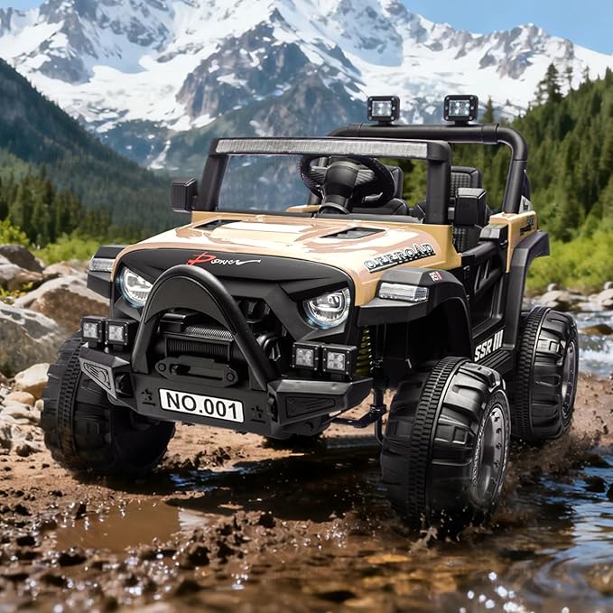 12V Ride On Car for Kids, Ride On Toy w/Parent Remote, Spring Suspension, Bluetooth, Music & Horn, LED Light, 4.1MPH Max Speed, 3 Speeds, Electric Car for Kids Toddlers Age 3-8, Khaki