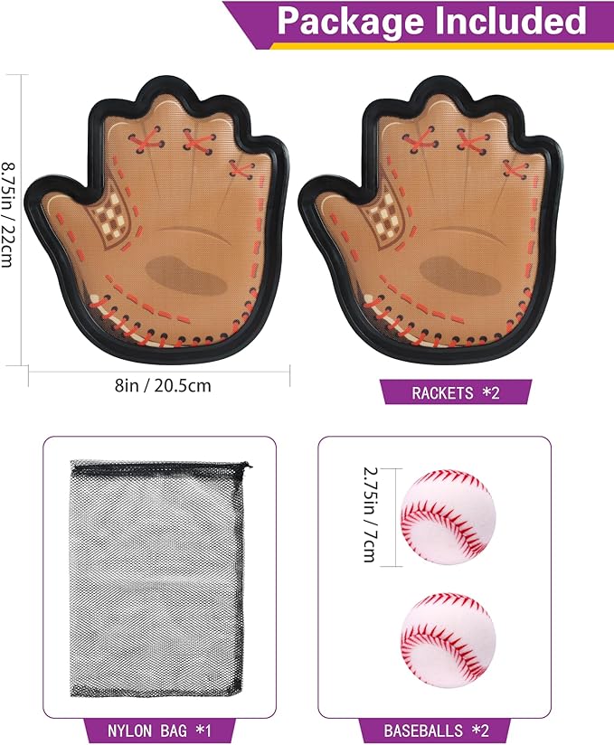 Toss and Catch Ball Game, Football & Baseball Camping/Yard/Outdoor Sports Toy for Kids, Outdoor Family Games for Kids and Adults with 2 Soft Sticky Balls and 2 Upgraded Paddles, Ages 3-8+ (Baseball)