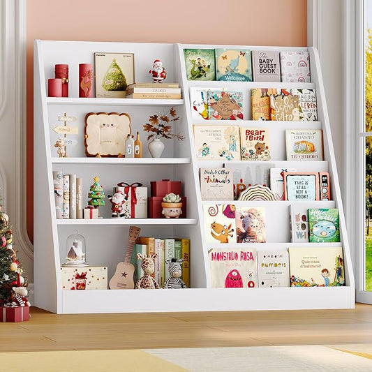 6 Tier Kids Bookshelf and Toy Storage Organizer, Child-Friendly Height & Stable Triangle Design, Toddler Book Shelf for Kids Room, Playroom, Bedroom, Classroom, Nursery, School, White