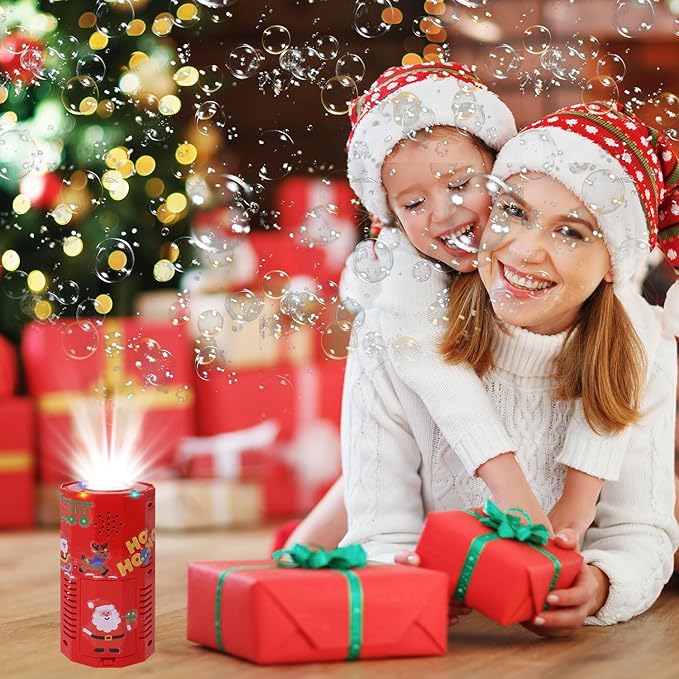 Fireworks Bubble Machine for Christmas, Musical Bubble Blower Machine with Flashing Lights and DIY Stickers, Automatic Bubble Maker for Kids & Adults Festive Fun (Christmas)