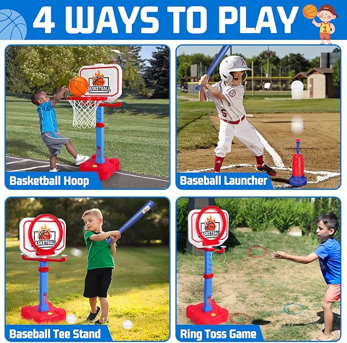 Tsomtto 4 in 1 Kids Basketball Hoop & T Ball Set Indoor Outdoor Toys for Toddlers 1-3 Adjustable Toddler Pool Basketball Hoop Goal Sports Outside Play Toys for 1 2 Year Old Boys Girls Birthday Gifts