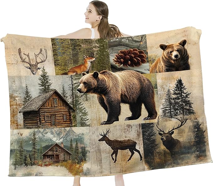Cabin Bear Blanket, Rustic Bear Deer Fleece Blanket Gifts for Boys Girls, Warm Cozy Soft Flannel Stuff for Bed Sofa Couch 50" x 40"