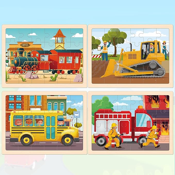 Puzzles for Kids Ages 4-6, 4 Packs 24 Pcs Wooden Jigsaw Puzzles for Toddlers Ages 2-4, Preschool Educational Vehicle Puzzle Toys Gifts for 3 4 5 6 Boys Girls