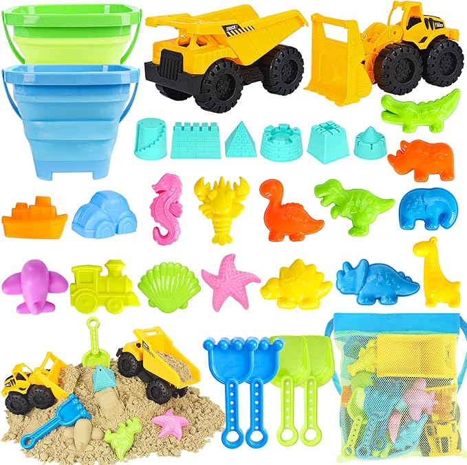 Beach Toys, 31Pcs Sand Toys with 2 Construction Vehicle and 2 Collapsible Beach Bucket, Sand Castle Building Kit, Sand Molds, Shovel Set, Mesh Bag, Summer Toys for Kids Ages 4-8