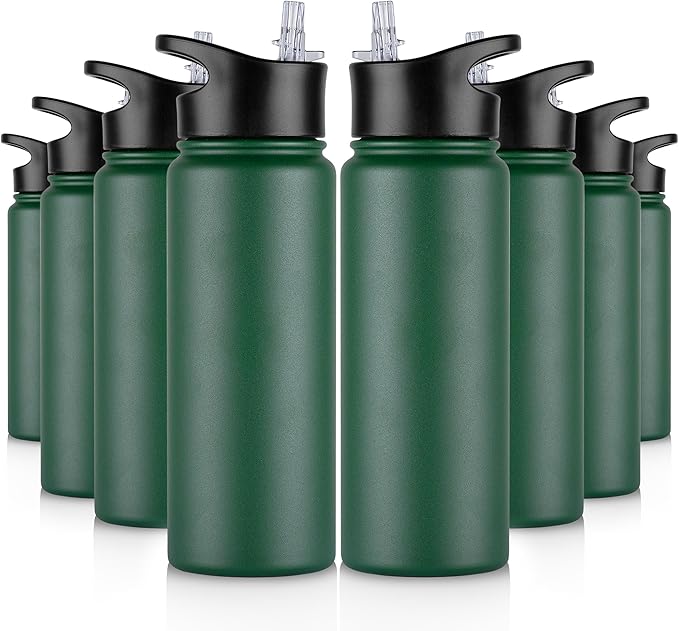 24 oz Insulated Water Bottle Bulk 8 Pack, Stainless Steel Sports Water Bottles with Straw Lid & Wide Mouth Lids, Double Walled Vacuum, Leak Proof, Dark Green